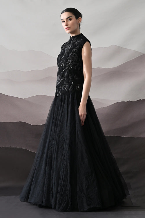 Black Hand-Embroidered Sleeveless Gown