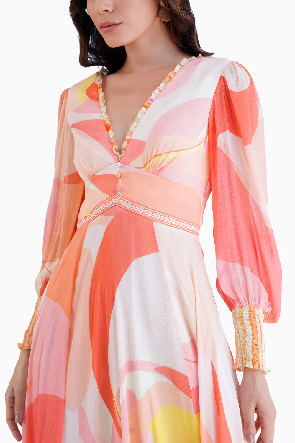 Peach Golden Ratio Printed Long Dress With Plunging Neckline