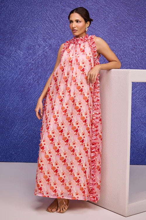 Red Aquarelle Print Long Dress