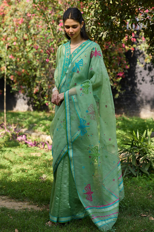Garden Butterfly Green Jamdani Saree With Blouse