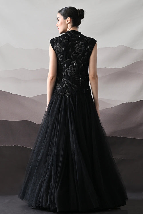 Black Hand-Embroidered Sleeveless Gown