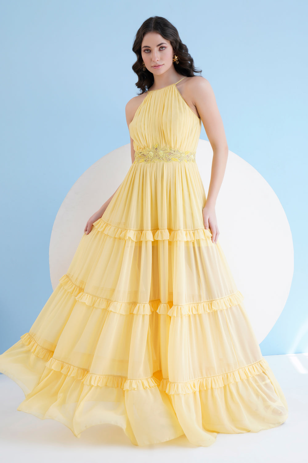 Yellow Halter Neck Long Dress With 
Frill Detail