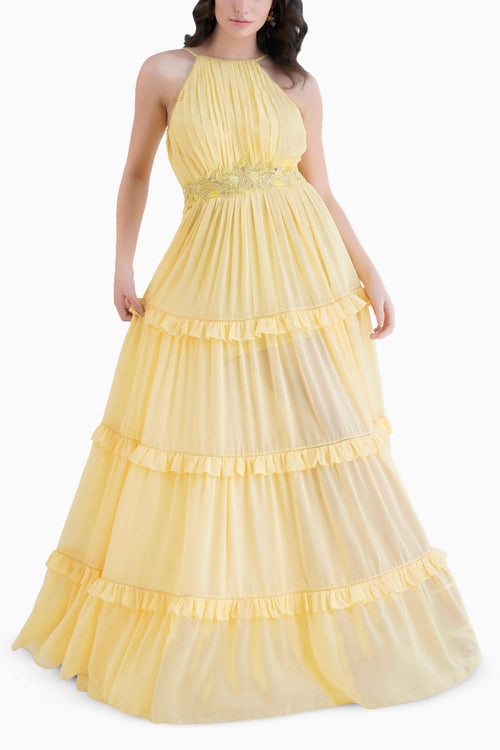 Yellow Halter Neck Long Dress With 
Frill Detail