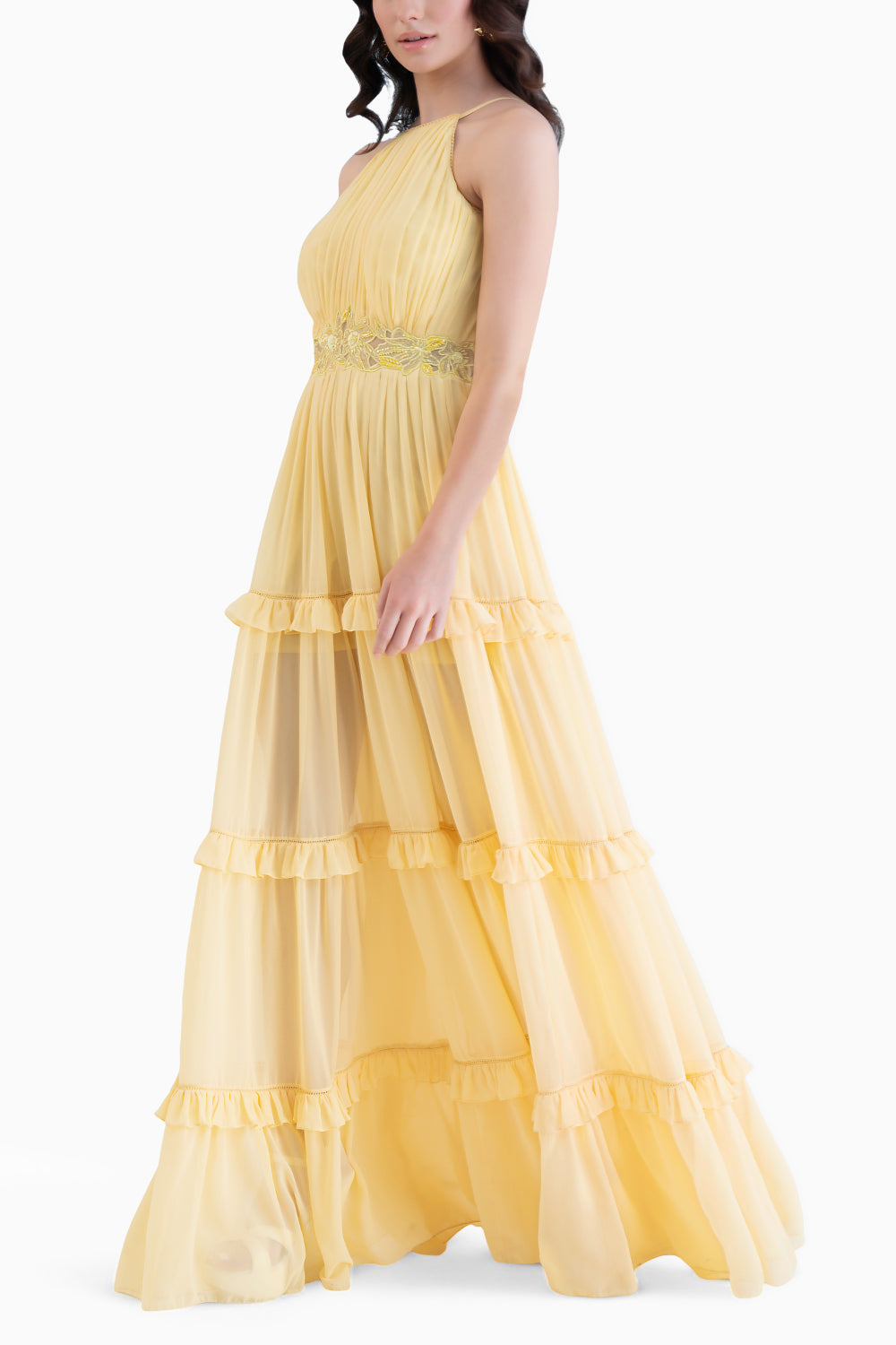 Yellow Halter Neck Long Dress With 
Frill Detail