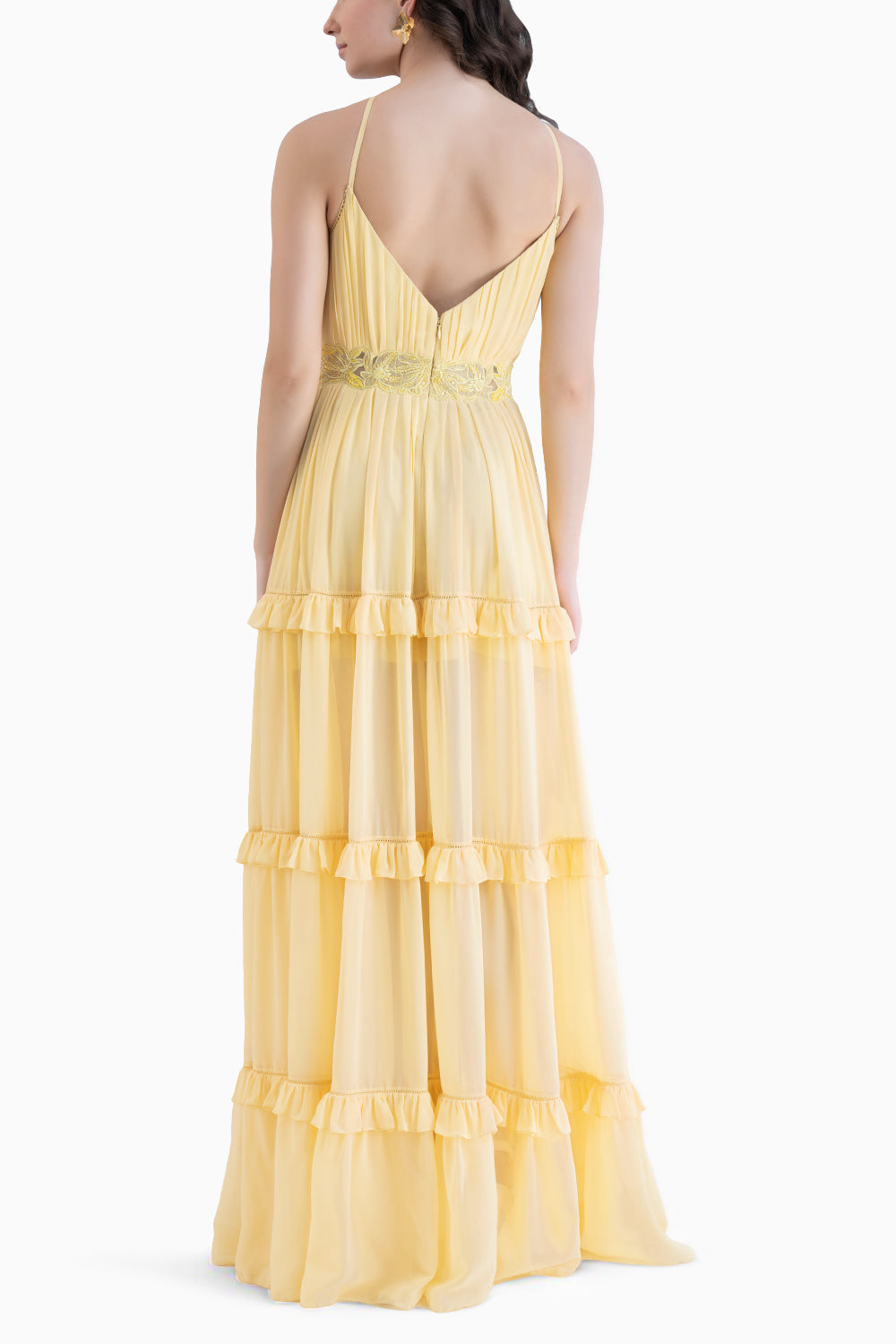 Yellow Halter Neck Long Dress With 
Frill Detail