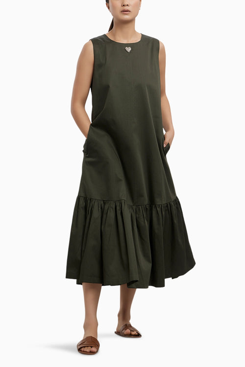 Olive Frill Long Dress with Small Swarovski Heart