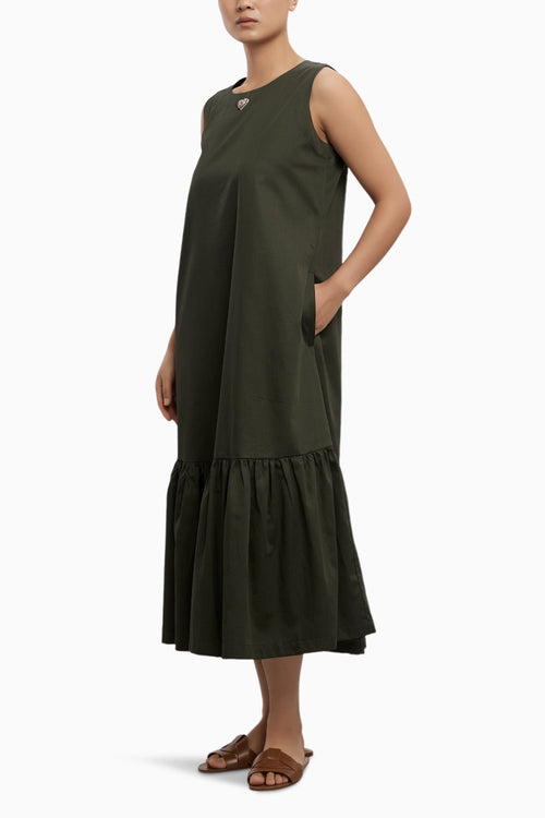 Olive Frill Long Dress with Small Swarovski Heart