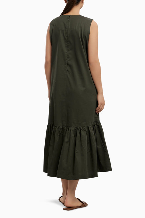 Olive Frill Long Dress with Small Swarovski Heart