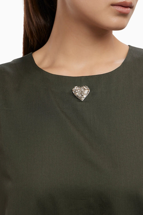 Olive Frill Long Dress with Small Swarovski Heart