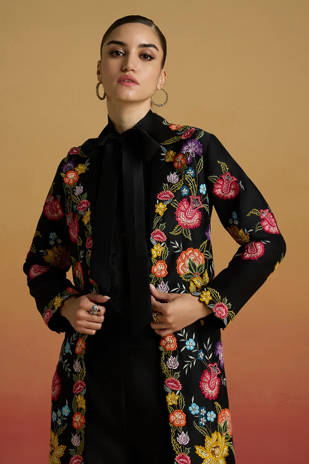 Black Cutwork Bib Layered Shirt and Long Amaryllis Jacket with Bell Bottoms