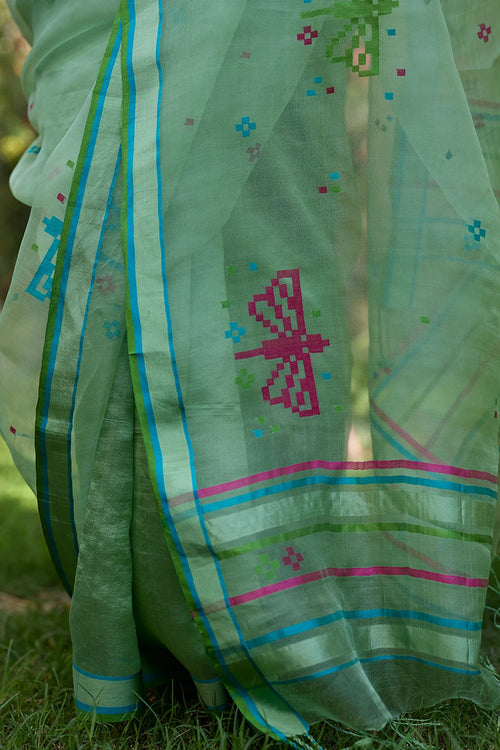 Garden Butterfly Green Jamdani Saree With Blouse
