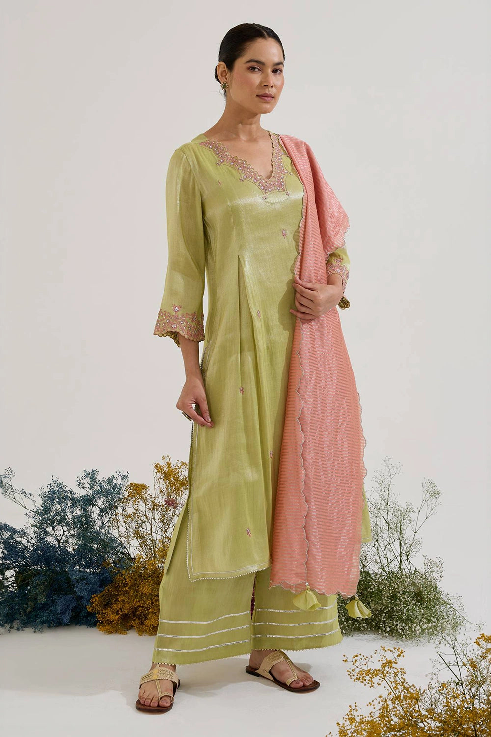 Lime Rose Dori Tissue Kurta Set