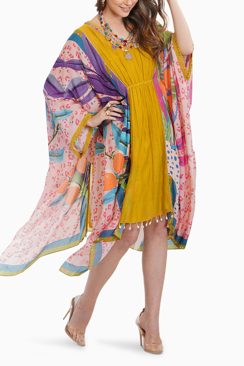 Tropical Leaf Print Yellow Kaftan