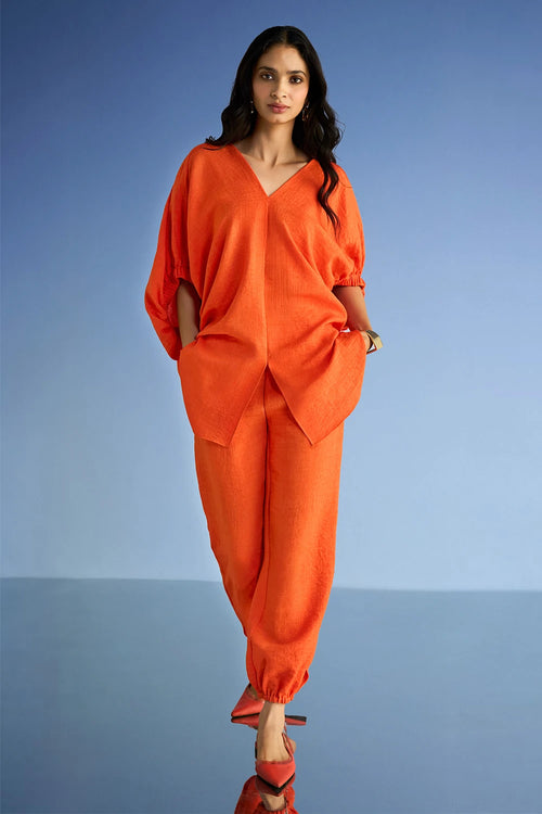 Linen-Textured Longline Boxy Fit Top and Relaxed Fit Pant Set