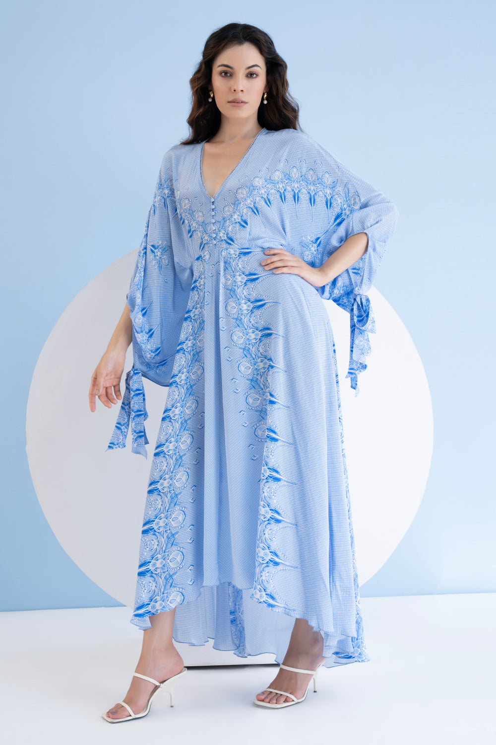 Ice Fly Printed High Low Dress With Kaftan Sleeves