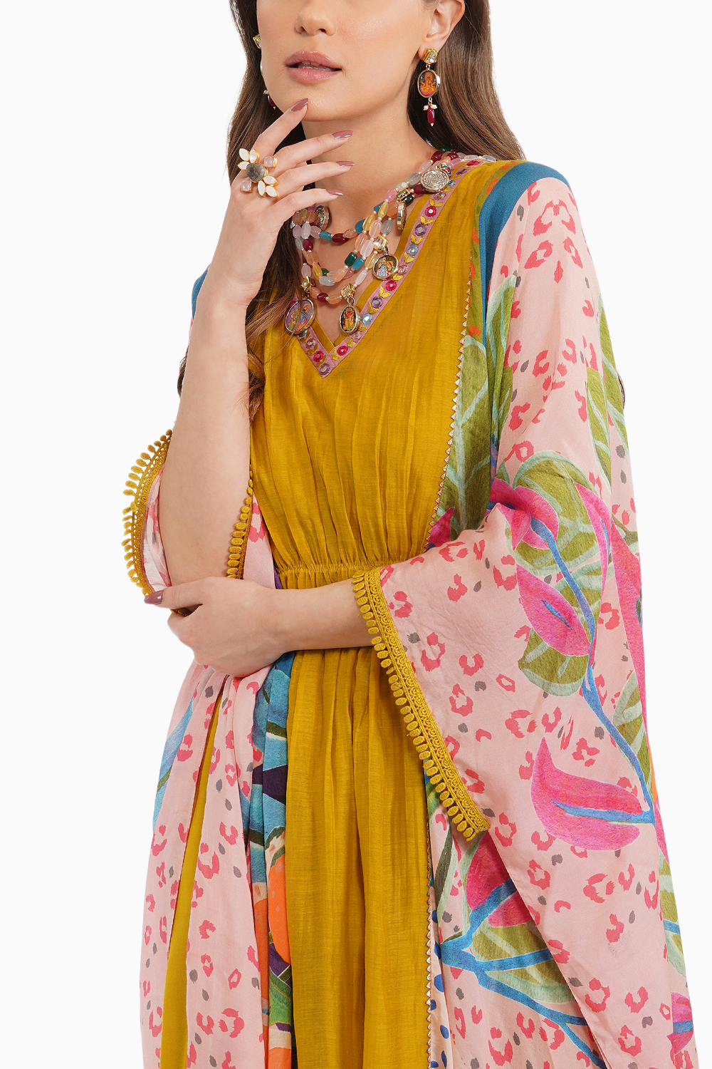 Tropical Leaf Print Yellow Kaftan