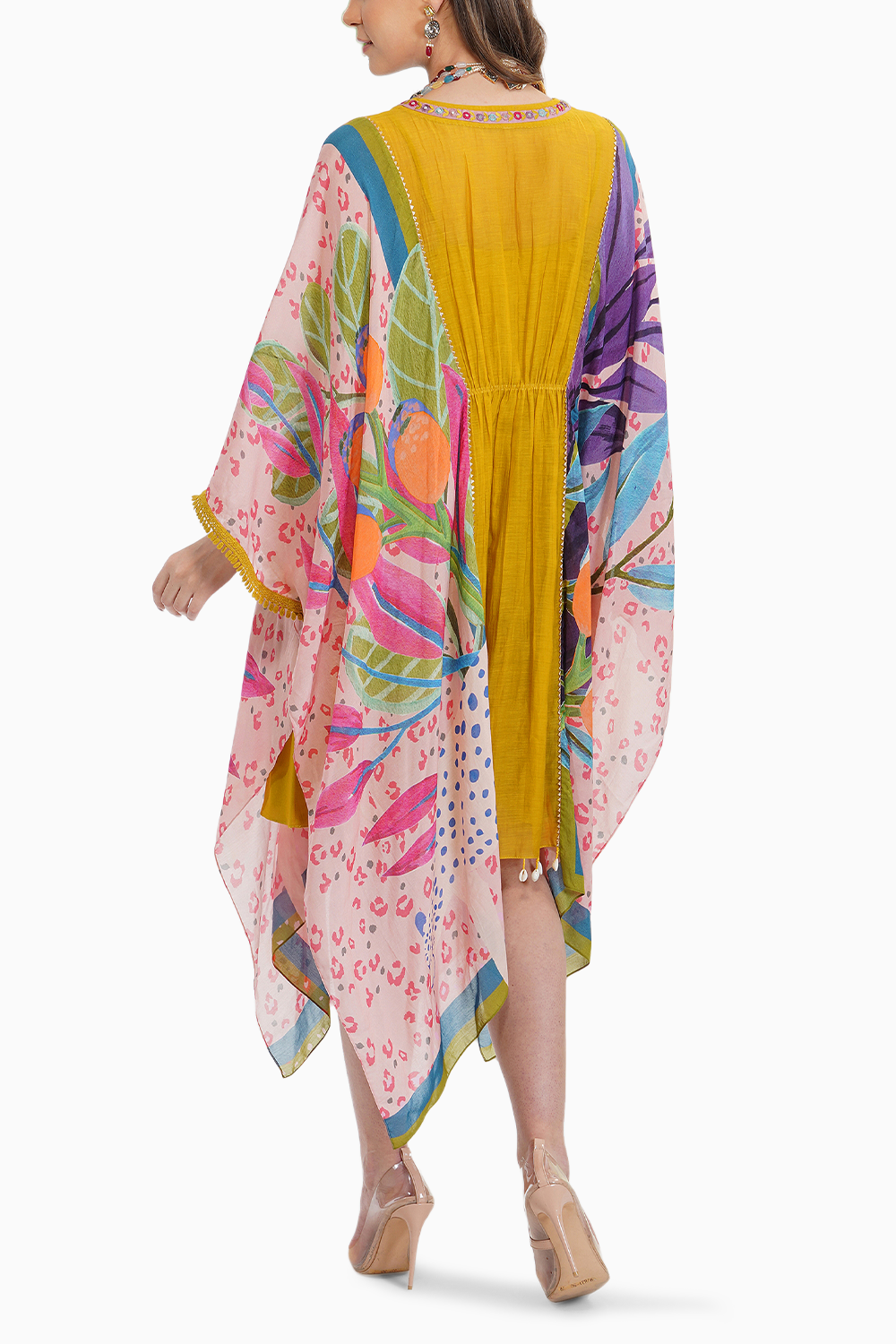 Tropical Leaf Print Yellow Kaftan