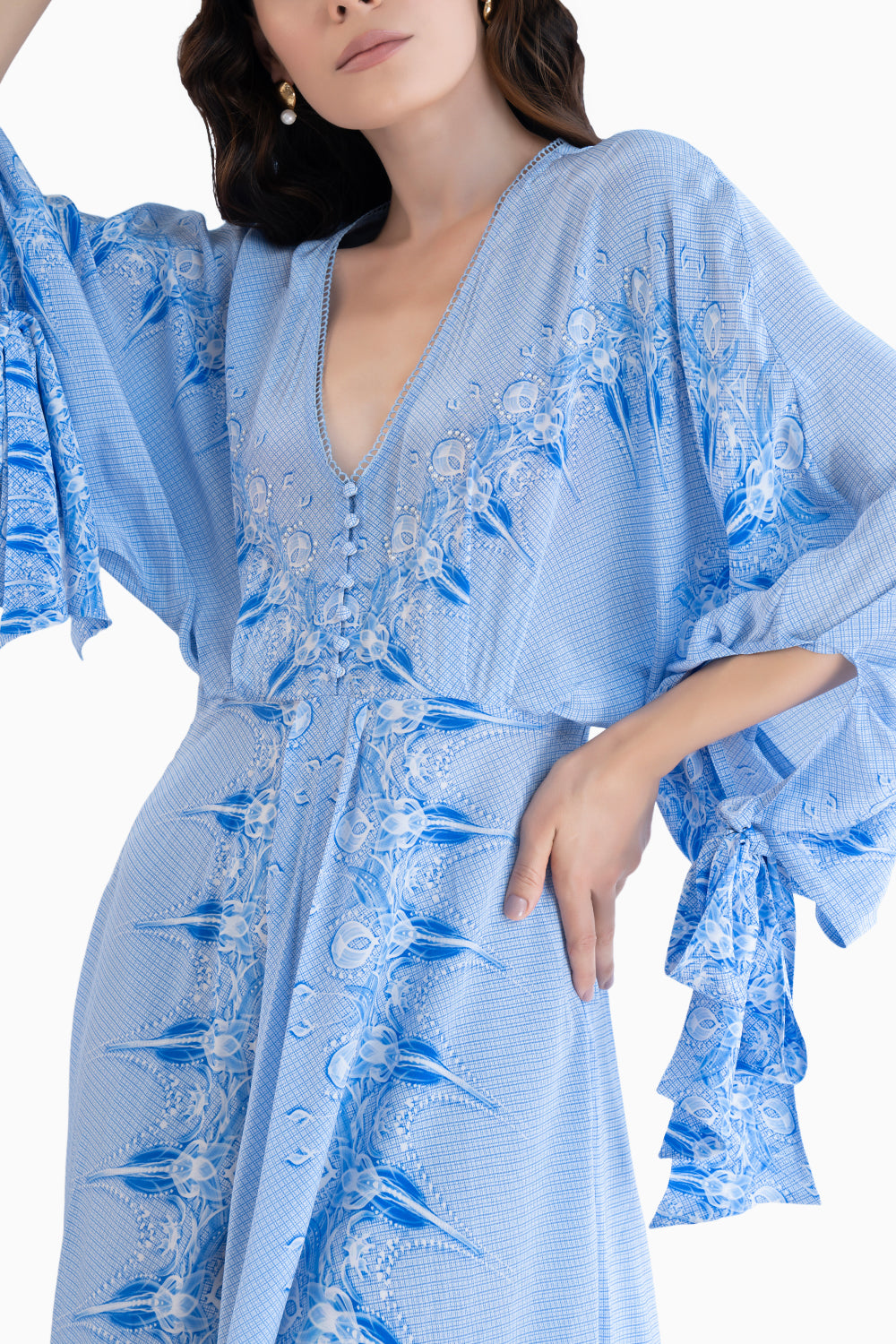 Ice Fly Printed High Low Dress With Kaftan Sleeves