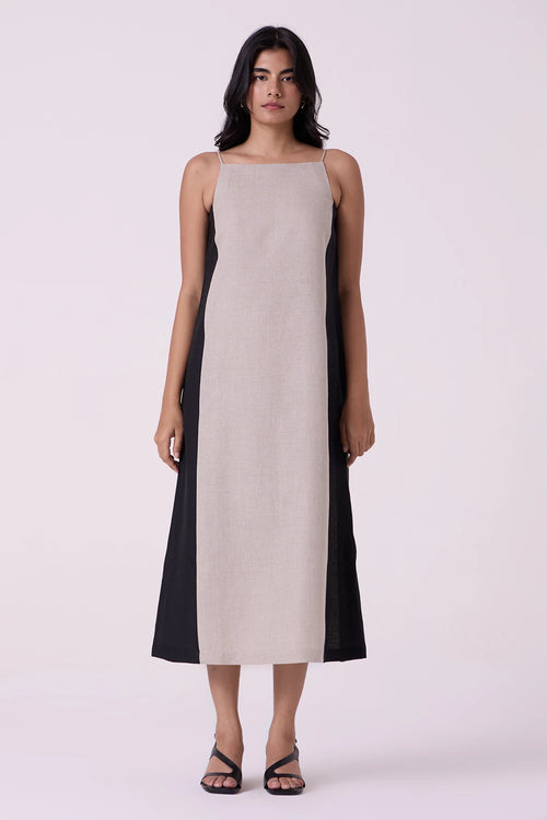 Kei Beige Linen Panelled Midi Dress