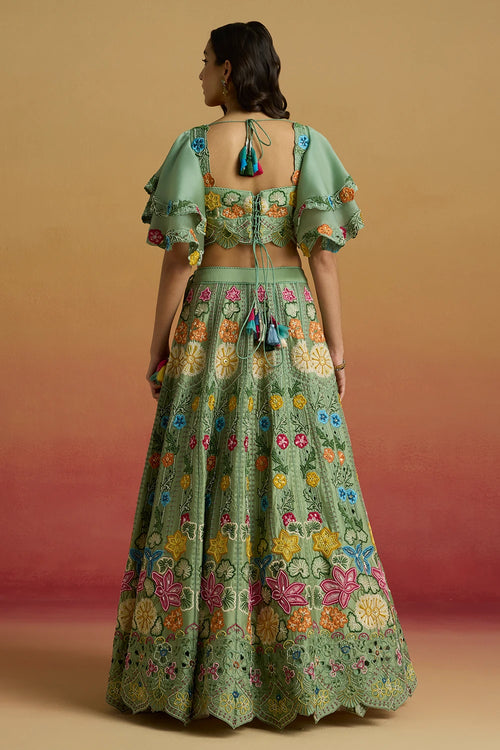 Sage Green Multicolor Floral Bustier with Amaryllis Lehenga