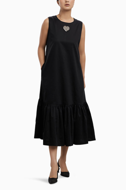 Black Big Swarovski Heart Frill Dress Long