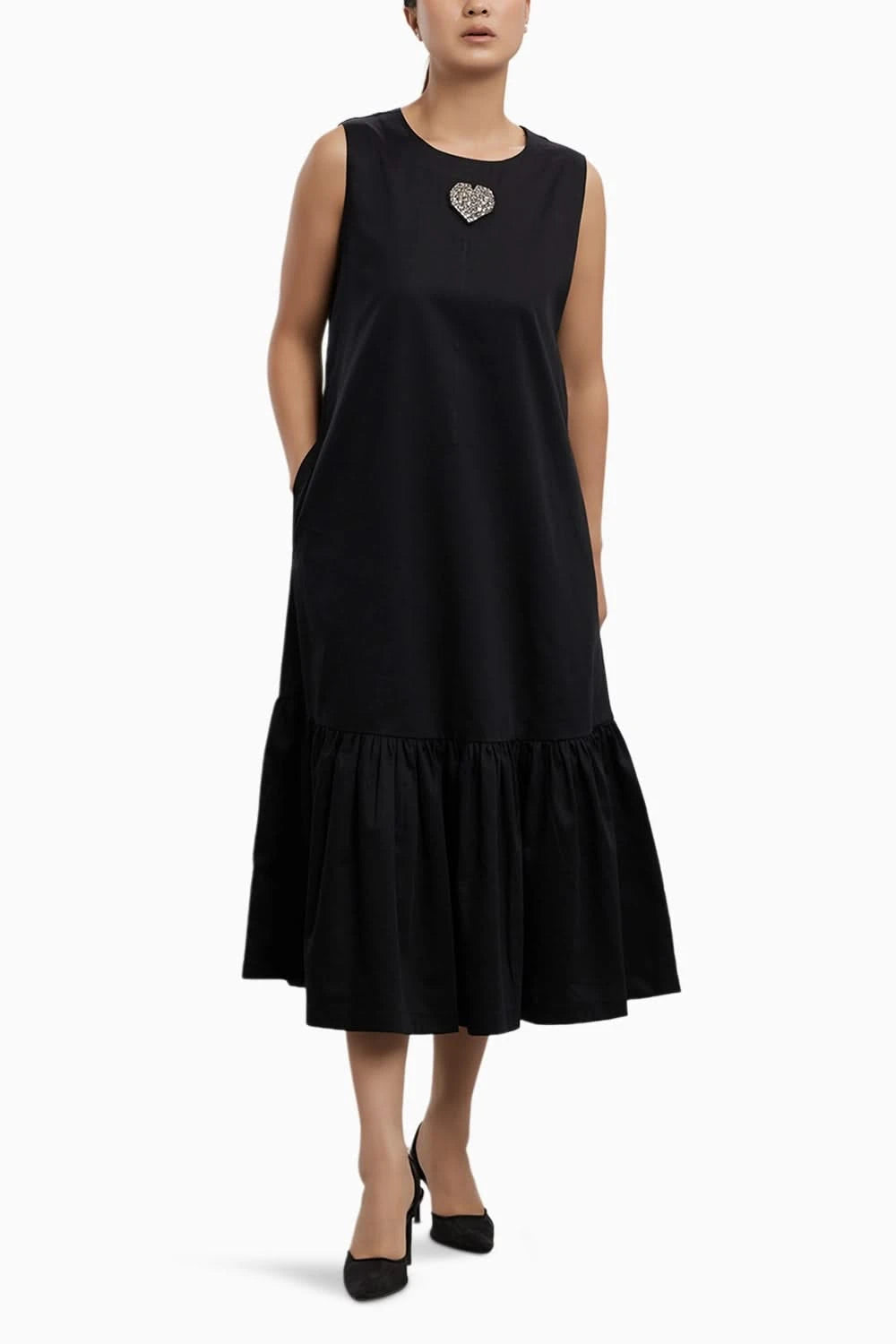 Black Big Swarovski Heart Frill Dress Long