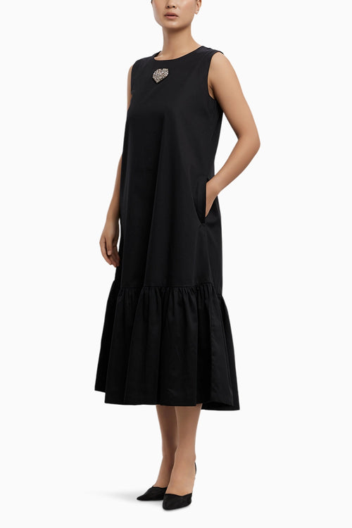 Black Big Swarovski Heart Frill Dress Long