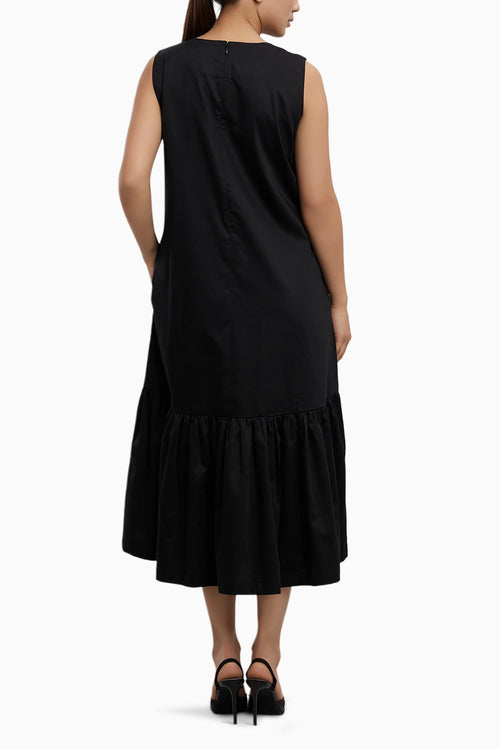 Black Big Swarovski Heart Frill Dress Long