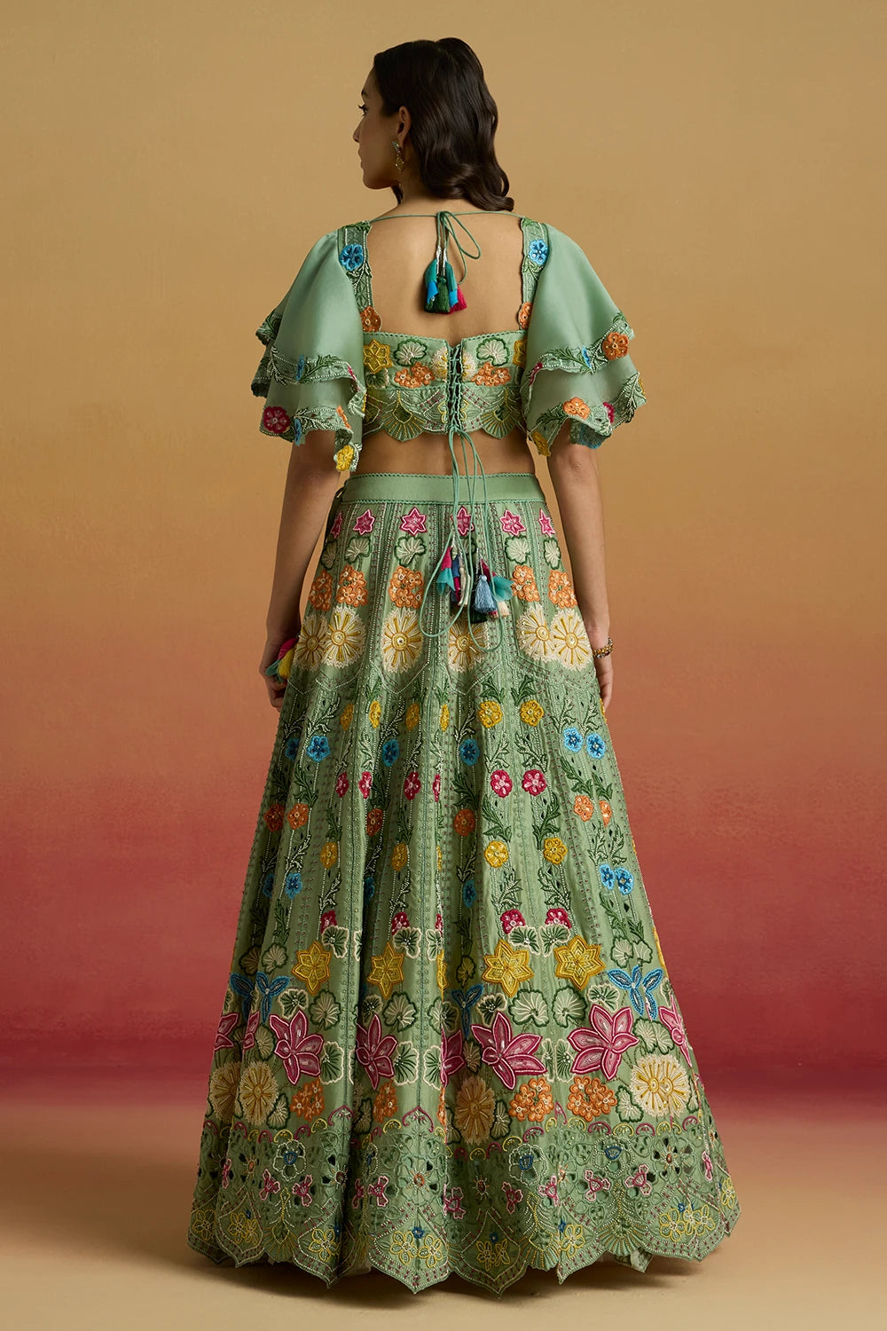 Sage Green Multicolor Floral Bustier with Amaryllis Lehenga