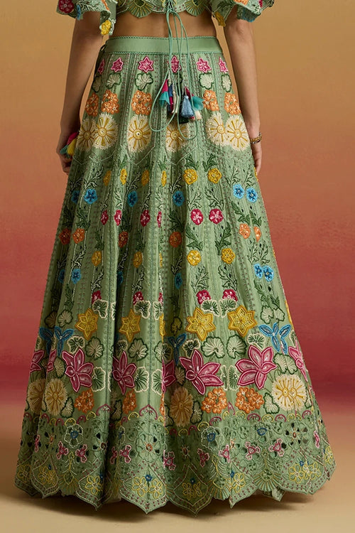 Sage Green Multicolour Floral Amaryllis Lehenga