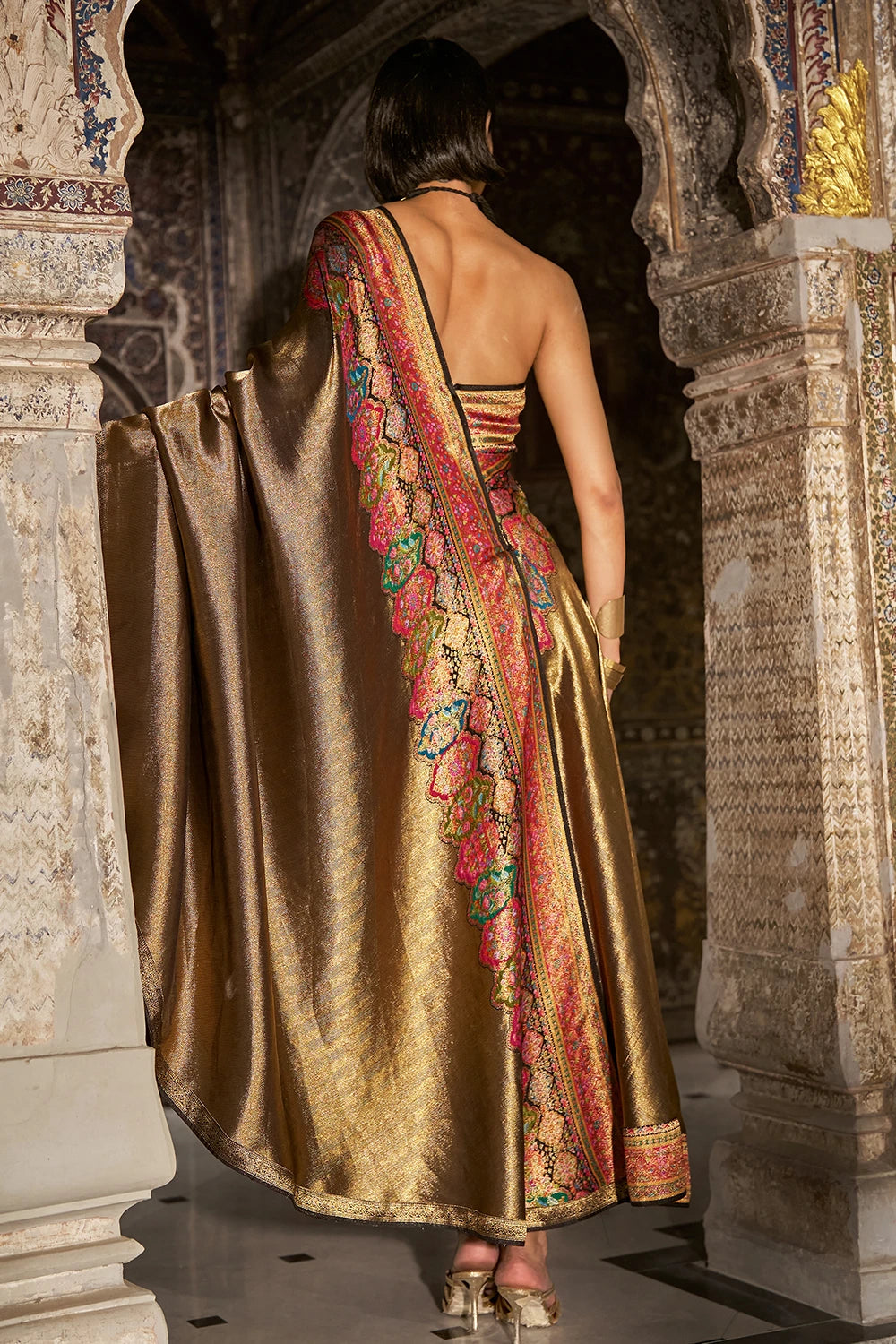 One-Shoulder Benares Weave Gown