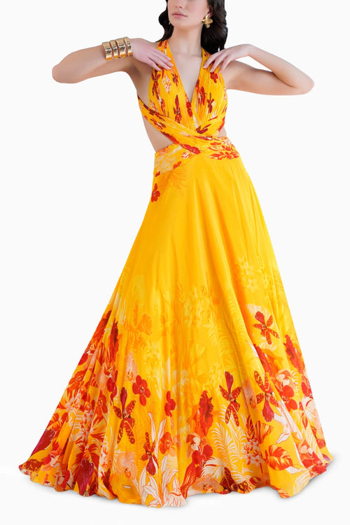 Orchid Yellow Printed Long Dress With Halter Neckline And Waist Cutout