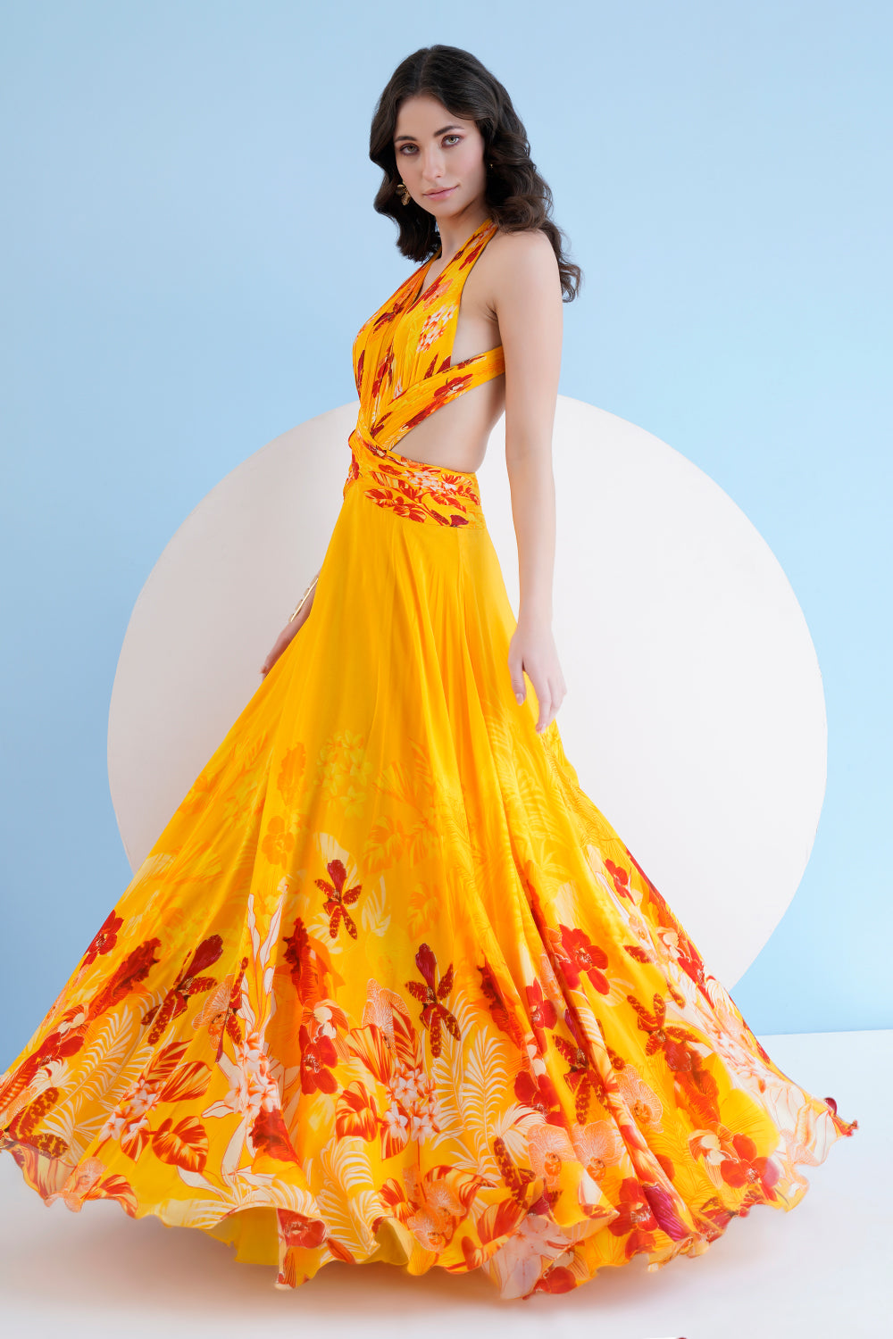 Orchid Yellow Printed Long Dress With Halter Neckline And Waist Cutout