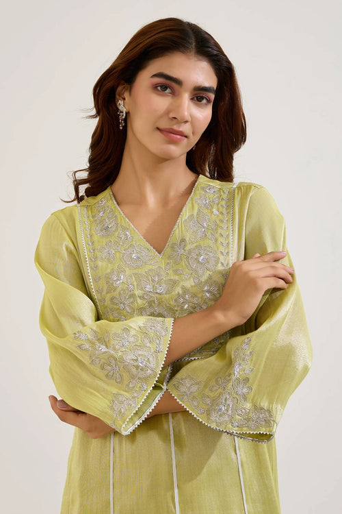 Lime Floral Zari Tissue Anarkali And Pants Set