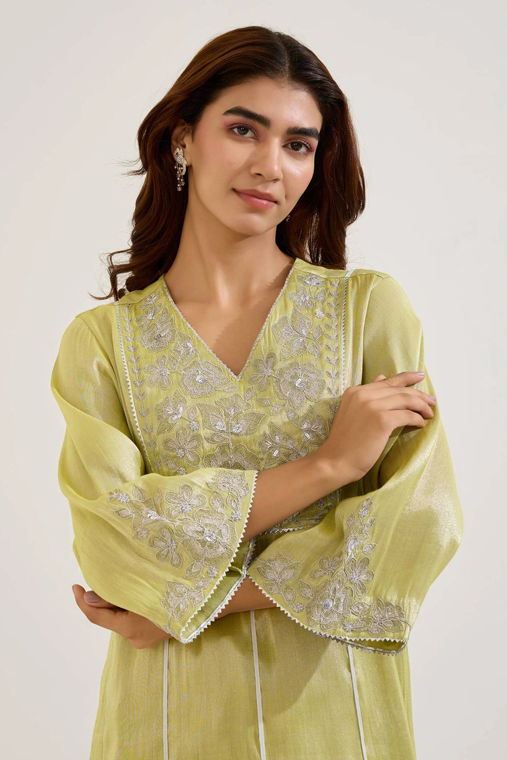 Lime Floral Zari Tissue Anarkali And Pants Set