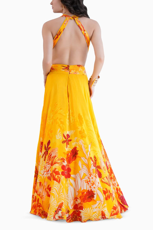 Orchid Yellow Printed Long Dress With Halter Neckline And Waist Cutout