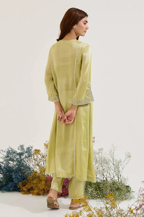 Lime Floral Zari Tissue Anarkali And Pants Set