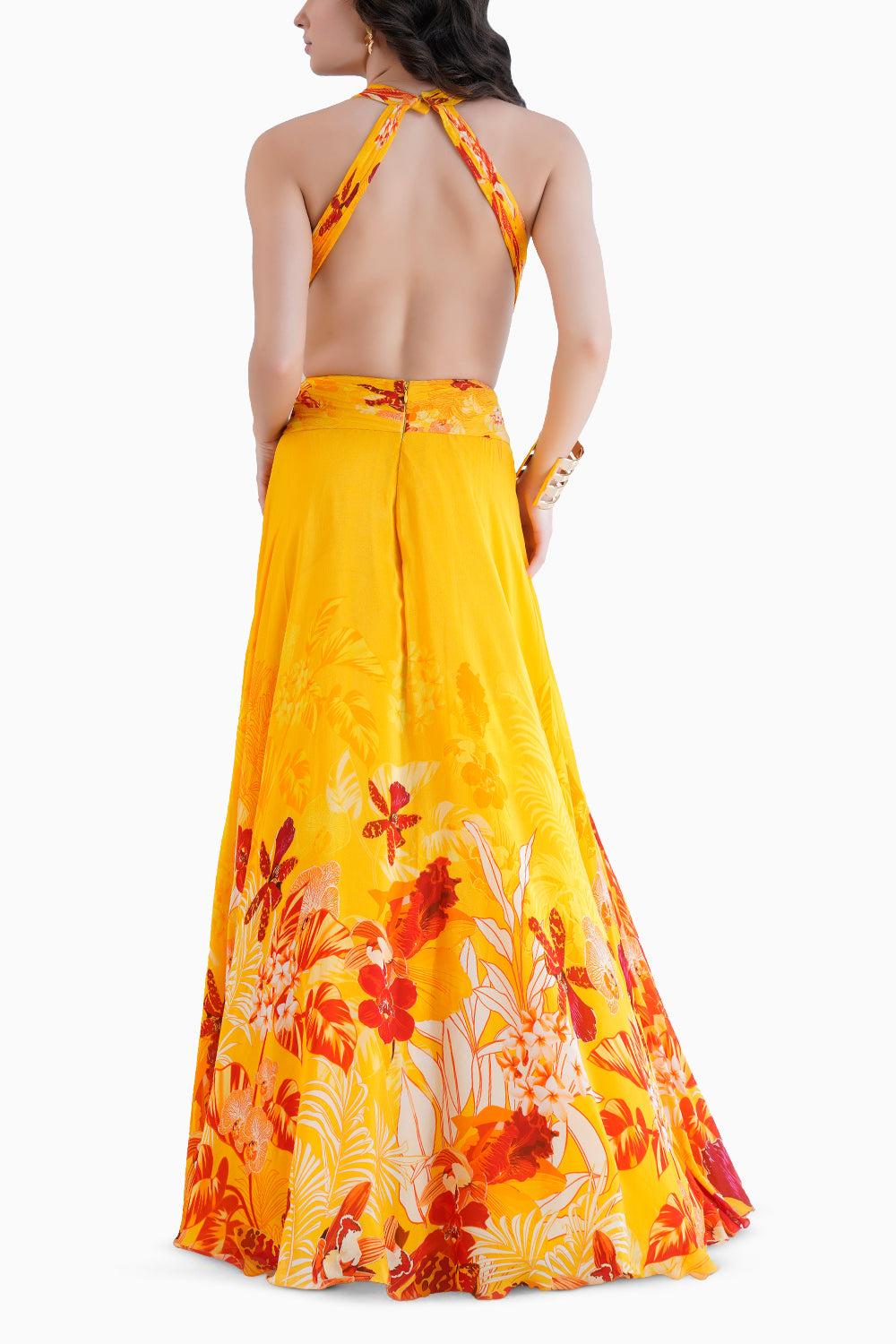 Orchid Yellow Printed Long Dress With Halter Neckline And Waist Cutout