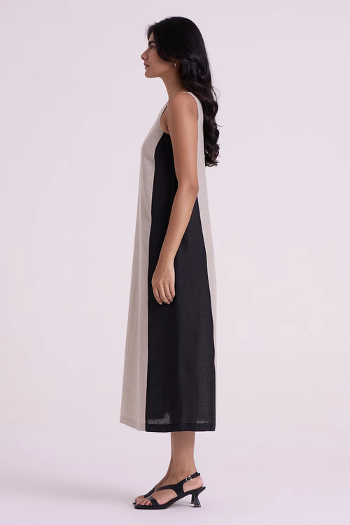 Kei Beige Linen Panelled Midi Dress