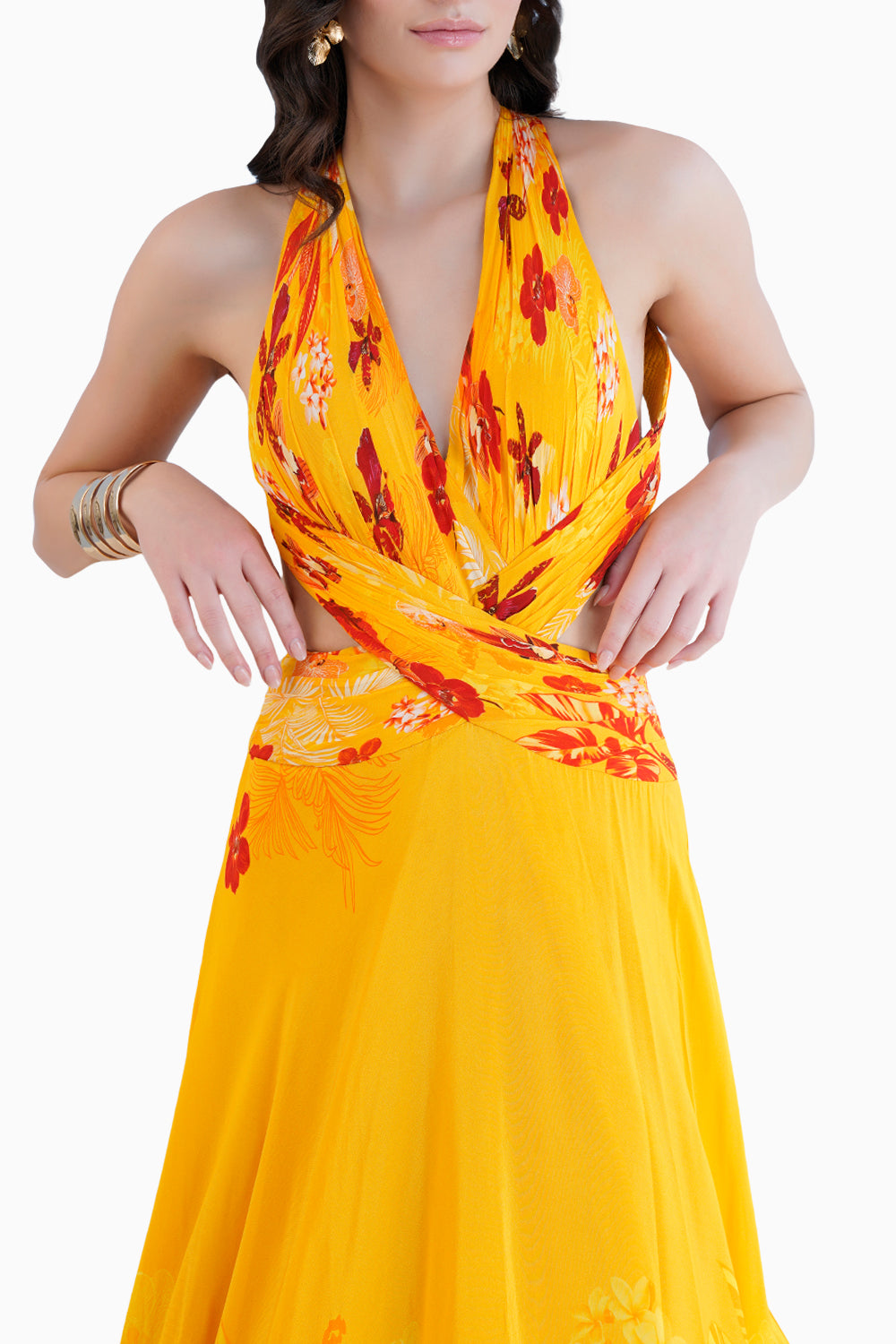 Orchid Yellow Printed Long Dress With Halter Neckline And Waist Cutout