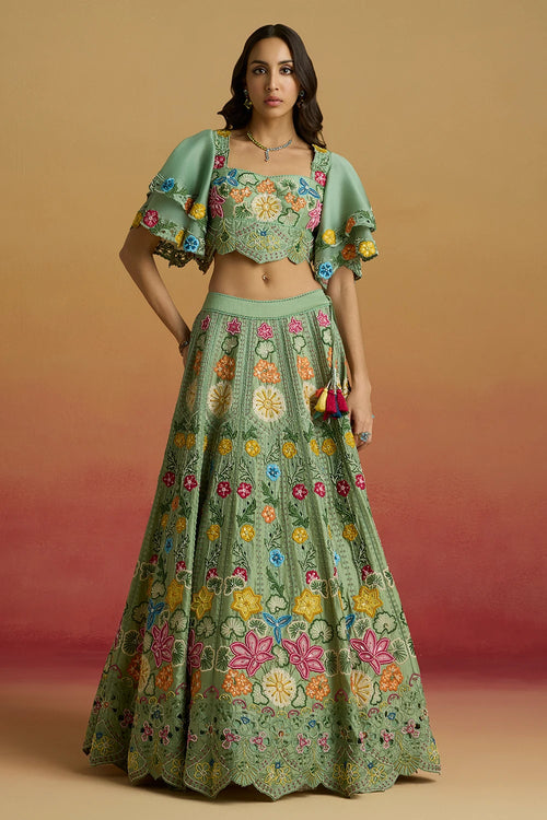 Sage Green Multicolor Floral Bustier with Amaryllis Lehenga