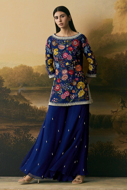 Cobalt Blue Floral Bloom Short Kurta With Sharara