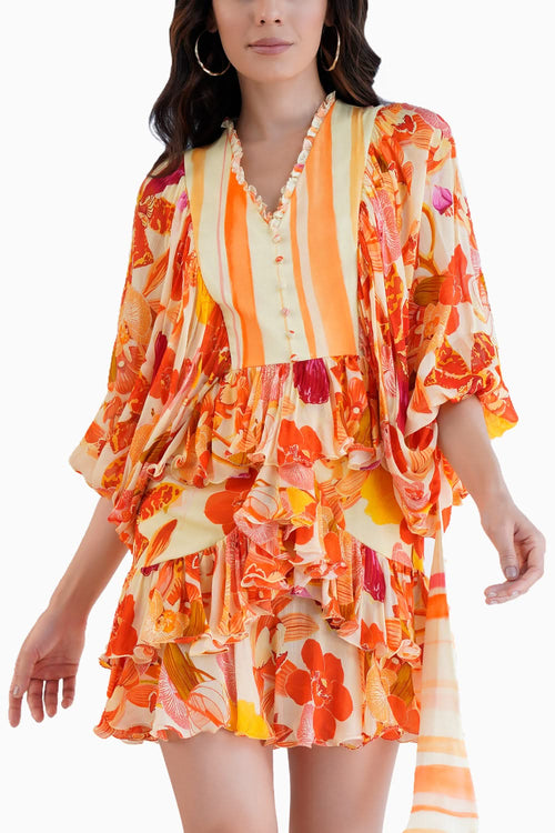 Orange Orchid Printed Short Tiered Dress With Baloon Sleeves