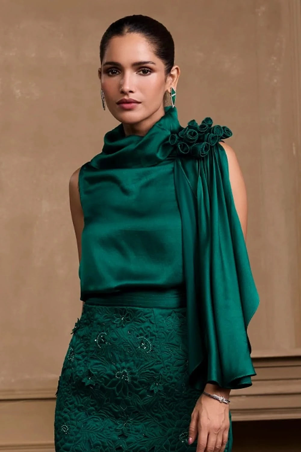 Emerald Green Rose Detail Drape Top