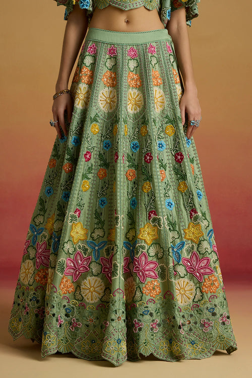 Sage Green Multicolour Floral Amaryllis Lehenga