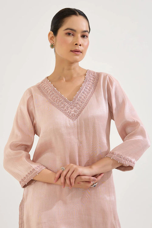 Old Pink Charm Tissue Kurta And Sharara Set