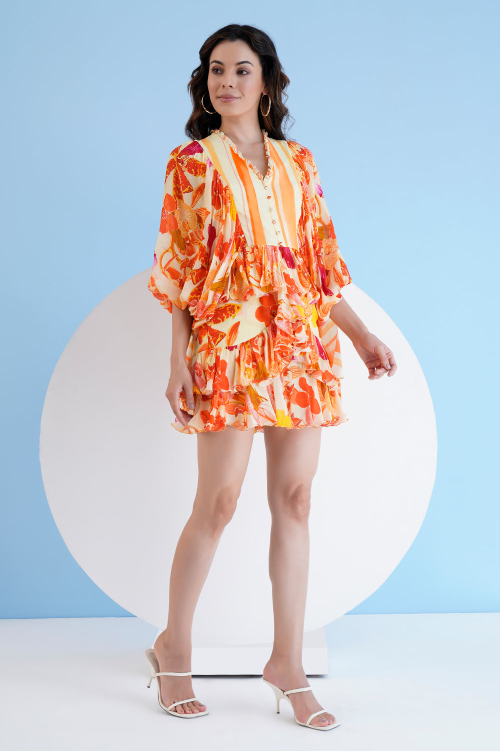 Orange Orchid Printed Short Tiered Dress With Baloon Sleeves