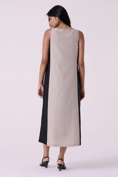 Kei Beige Linen Panelled Midi Dress