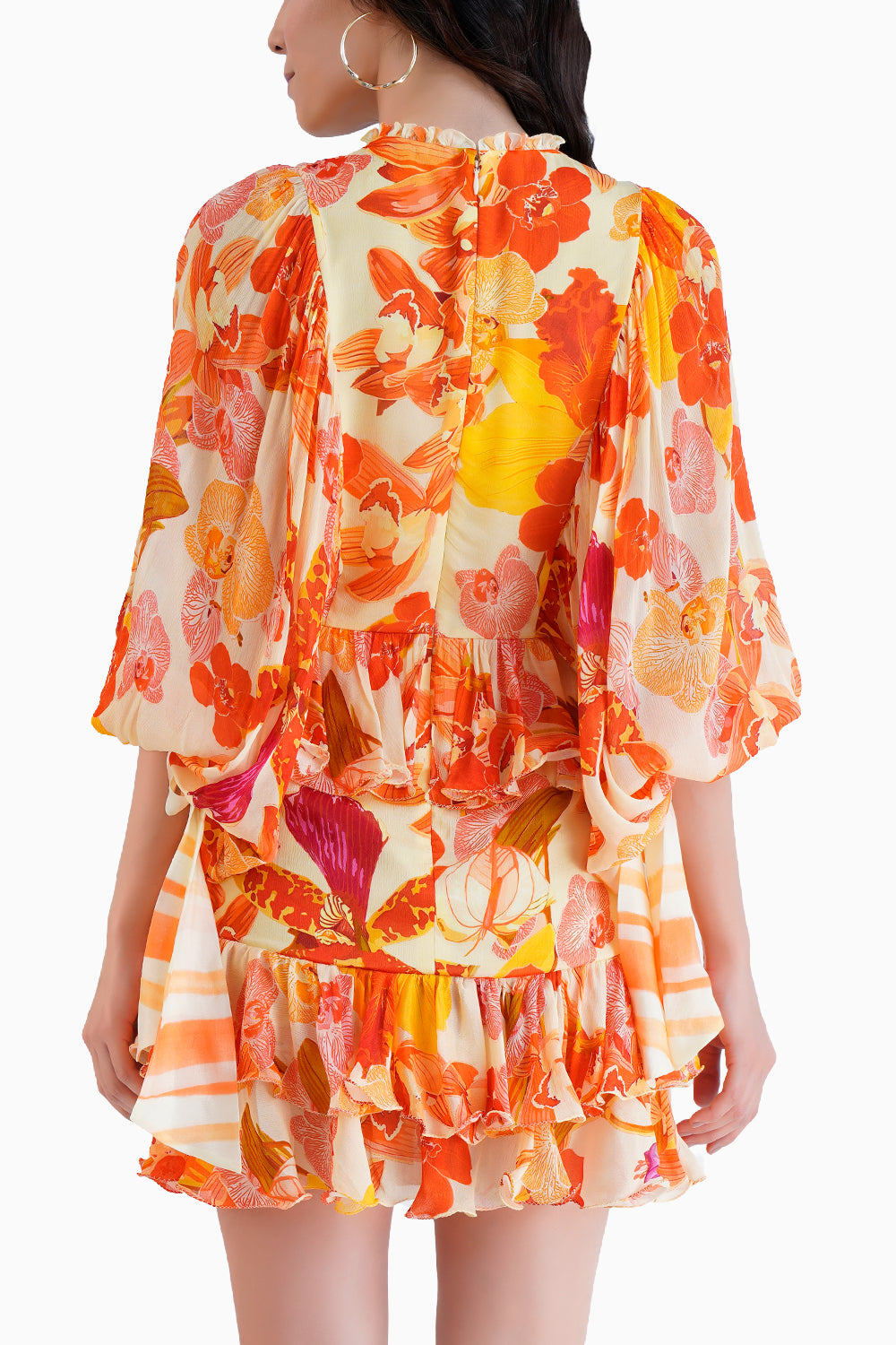 Orange Orchid Printed Short Tiered Dress With Baloon Sleeves