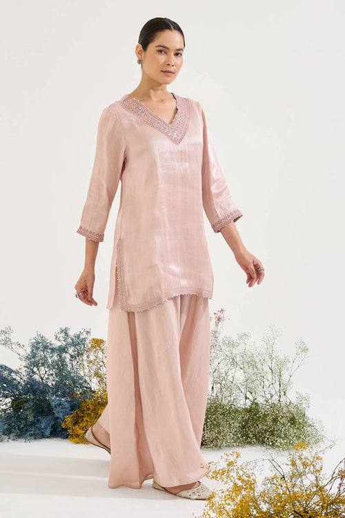 Old Pink Charm Tissue Kurta And Sharara Set